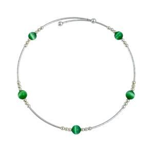 Memory Wire Green Cat's Eye Bracelet | Sterling Silver 925 | 7.5"